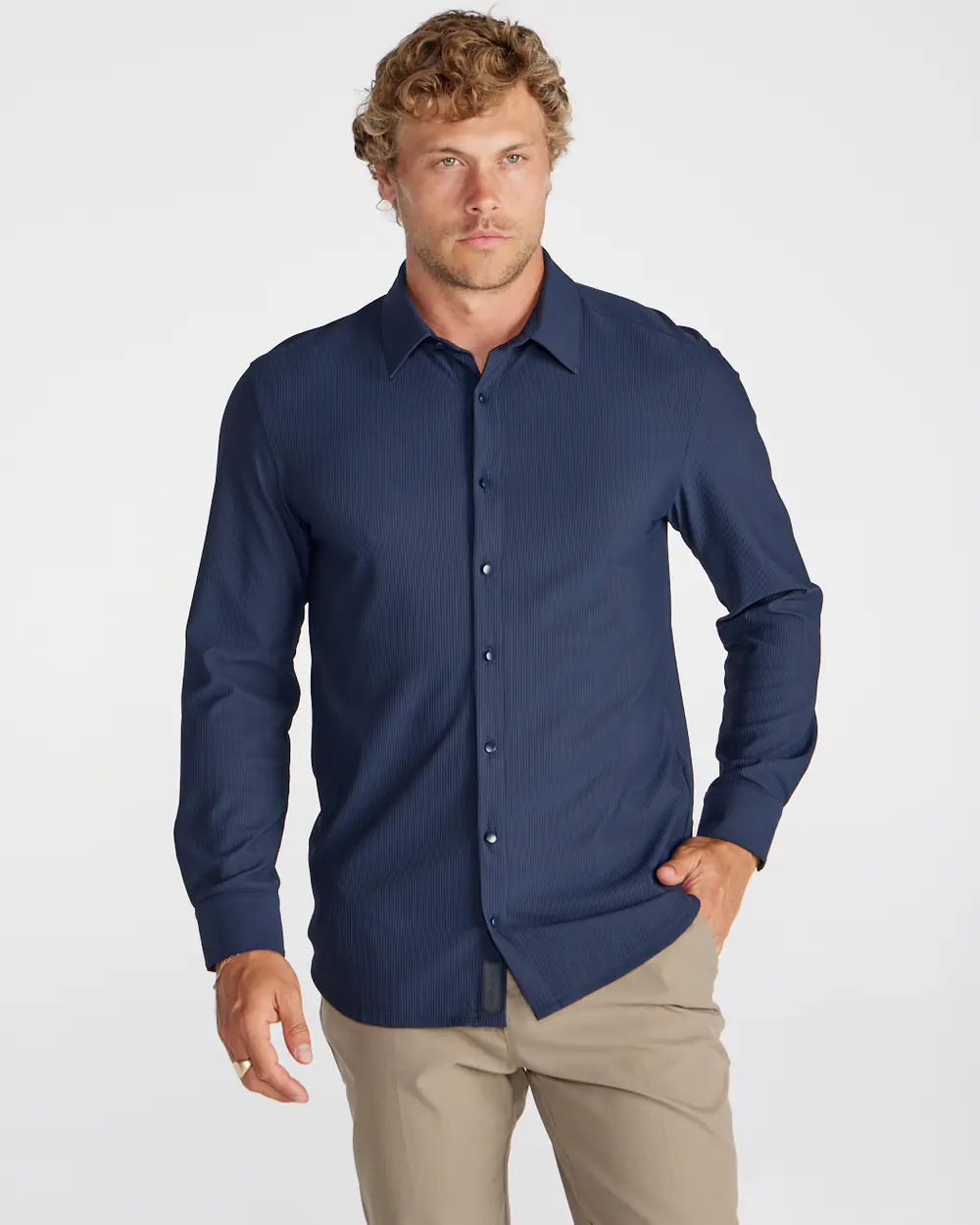 Ribbed+ Long Sleeve Button Down