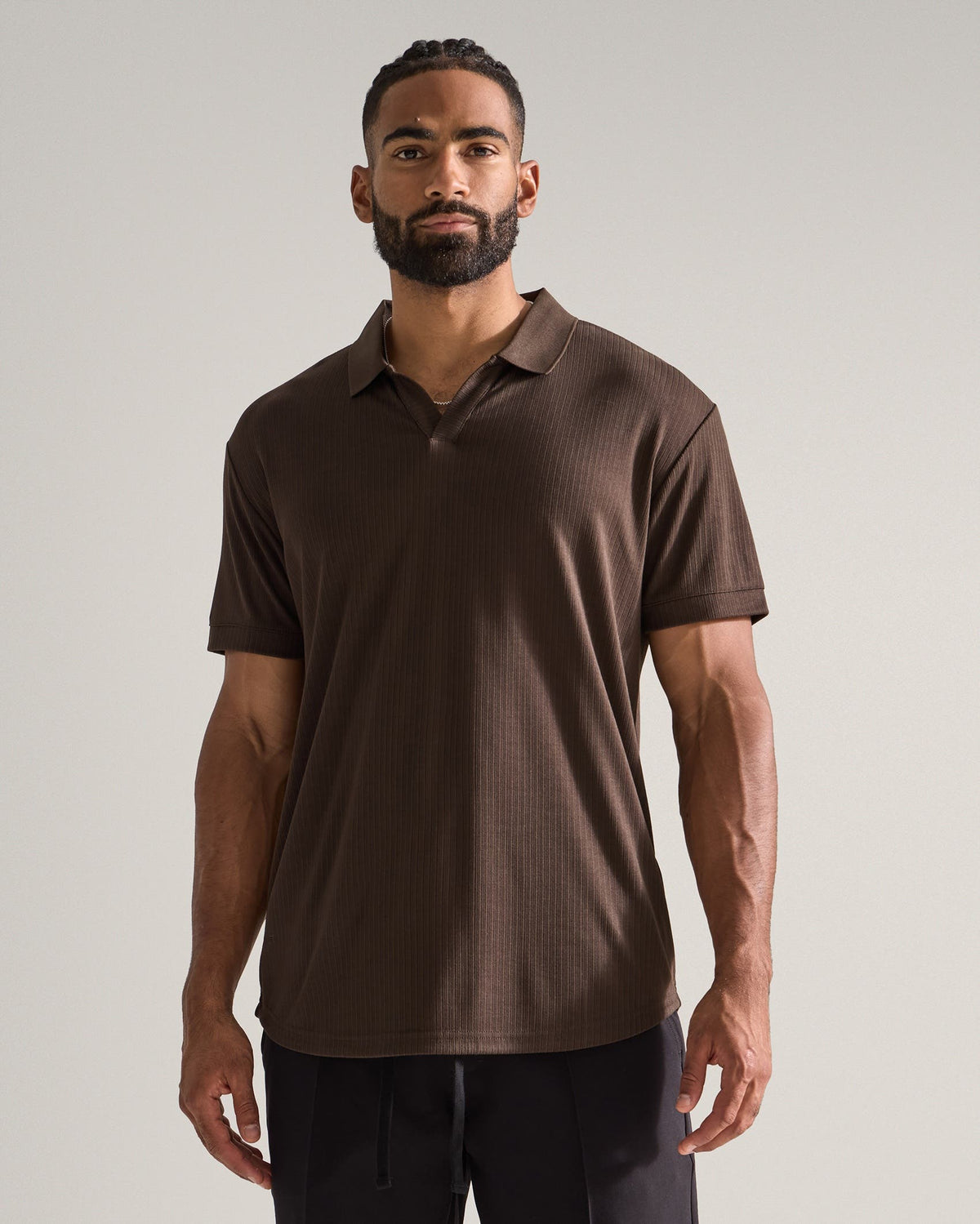 Ribbed Short Sleeve Open V Polo
